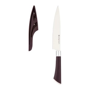 Nóż kuchenny t.b.t. z brązową rękojeścią i pasującą pochwą.