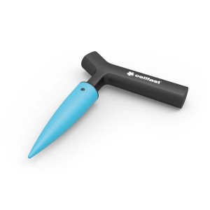 t.b.t., małe narzędzie ogrodowe z niebieską rączką i czarnym trójnikiem.