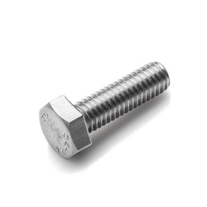 Srebrna stalowa śruba z łbem sześciokątnym, śruba gwintowana.