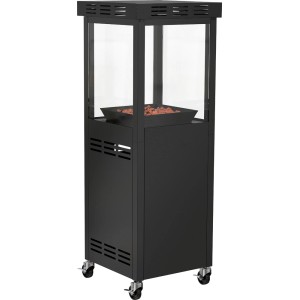 Czarne palenisko t.b.t. z szybami i kółkami.