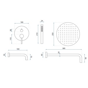 Rysunek techniczny zestawu prysznicowego z słuchawką, deszczownicą i armaturą z wymiarami.