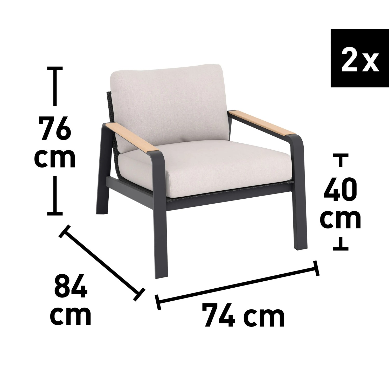 Fotel wypoczynkowy Branford, zestaw 2 szt., aluminium/stal, antracyt/beż, z wymiarami