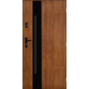 Brązowe drzwi zewnętrzne z czarnym akcentem i klamką. Drzwi wejściowe.