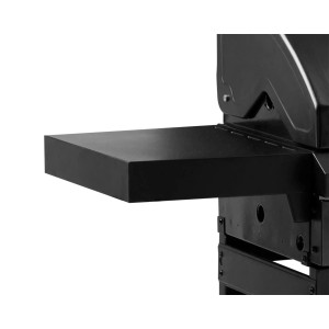 Zbliżenie: Czarny grill gazowy t.b.t. z półką boczną.