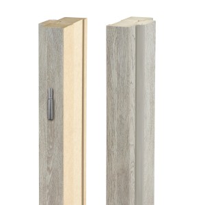 Ościeżnice drzwiowe t.b.t. w drewnopodobnym wykończeniu, widok detalu z zawiasem i uszczelką.