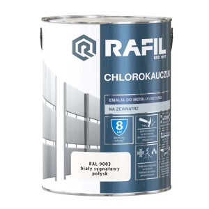 Puszka farby antykorozyjnej Rafil Chlorokauczuk, biała (RAL 9003), do metalu i betonu.
