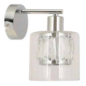 Nowoczesny chromowany kinkiet ze szklanym kloszem i kryształowym dekorem.