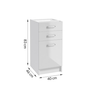 Biała szafka dolna z zestawu mebli kuchennych t.b.t. z dwiema szufladami i jednymi drzwiami.