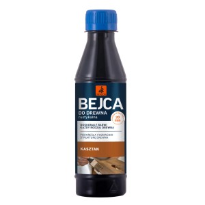 Butelka bejcy do drewna w kolorze kasztanowym. Idealna do barwienia i ochrony powierzchni drewnianych.
