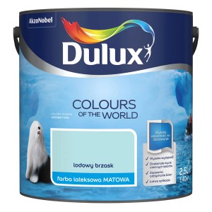 Wiadro z farbą Dulux „Lodowy Brzask”: Matowa, jasnoniebieska farba do ścian, 2,5 litra.
