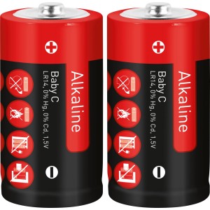 Dwie czerwone baterie alkaliczne Baby C (LR14) w zestawie.