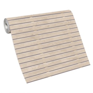 Rolka tapety z wzorem desek drewnianych w kolorze beżowym i szarym.