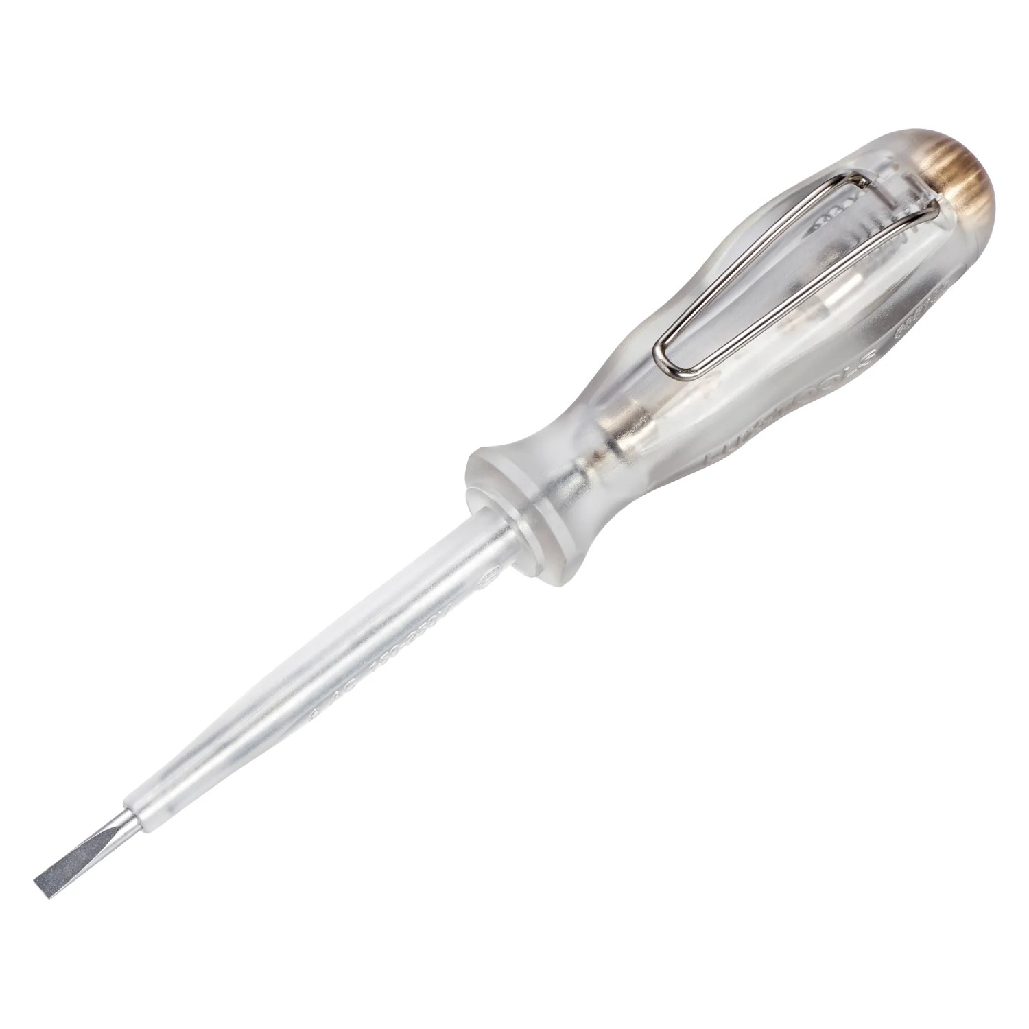 Próbnik napięcia LUX Comfort, 143 mm, z przezroczystą plastikową rączką do pomiaru prądów elektrycznych.