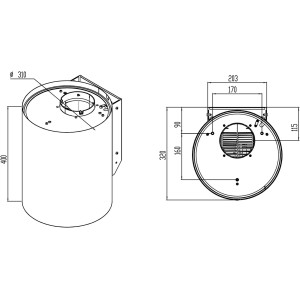 Rysunek techniczny okapu ściennego t.b.t. z wymiarami do montażu i instalacji.