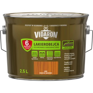 Ciemnobrązowa lazura do drewna Vidaron w metalowym wiadrze, odpowiednia do mebli ogrodowych i elewacji.