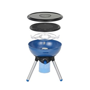 Campingaz Party Grill gazowy 200 CV, Ø 32 cm, z akcesoriami (pokrywa, ruszt, podstawka pod garnek) i kartusz gazowy.