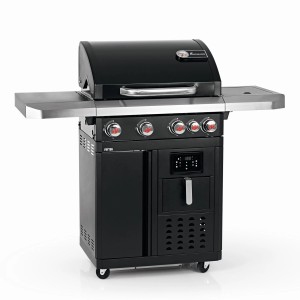 Czarny grill gazowy z czterema palnikami i bocznymi stolikami.