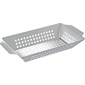 Prostokątna, srebrna patelnia do grillowania ze stali nierdzewnej z otworami.