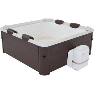 Nadmuchiwane jacuzzi MSpa Frame Tribeca F-TR062W z efektem drewna i jednostką sterującą.