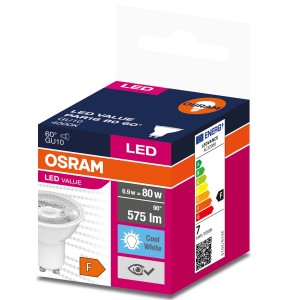 Żarówka LED GU10 Osram, 6.9W, 575 Lumenów, zimna biel, klasa energetyczna F.