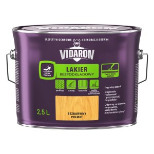 Ciemnofioletowa puszka lakieru Vidaron do podłóg i schodów, bezbarwny, półmat, 2,5L.