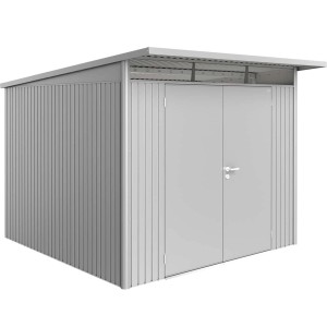 Szara metalowa szopa ogrodowa t.b.t. z podwójnymi drzwiami.