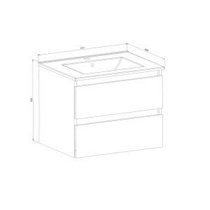 Szkic szafki pod umywalkę t.b.t. z dwiema szufladami i umywalką nablatową.