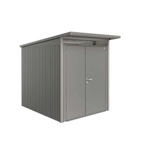 Metalowy domek narzędziowy Biohort AvantGarde A2, kwarcowy szary metalik, z wąskimi drzwiami dwuskrzydłowymi.