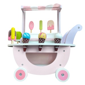 Różowy drewniany wózek z lodami dla dzieci.