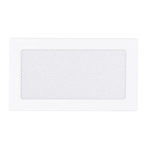 Biała, prostokątna kratka kominkowa do akcesoriów kominkowych.