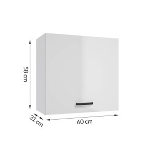 Biała szafka wisząca z zestawu mebli kuchennych z uchwytem i wymiarami.