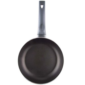 Czarna patelnia z szarym uchwytem do kuchni i domu.