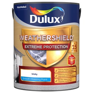 Wiadro farby fasadowej Dulux Weathershield, biała, do ekstremalnej ochrony.