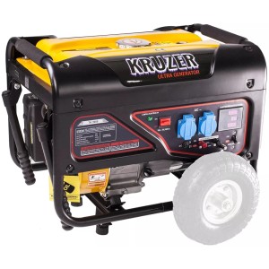 Żółto-czarny agregat prądotwórczy z kołami. Mobilny generator na budowę i do ogrodu.