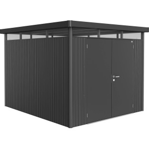 Domek narzędziowy Biohort HighLine, ciemnoszary metalik, 6,6 m² z drzwiami dwuskrzydłowymi. Metalowy domek z płaskim dachem.