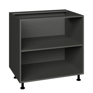 Szara szafka dolna t.b.t. z dwiema otwartymi przegrodami i nóżkami. Idealna do przechowywania.