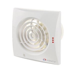 Biały t.b.t. zewnętrzny wentylator ścienny z okrągłą osłoną i trzema czerwonymi diodami LED.