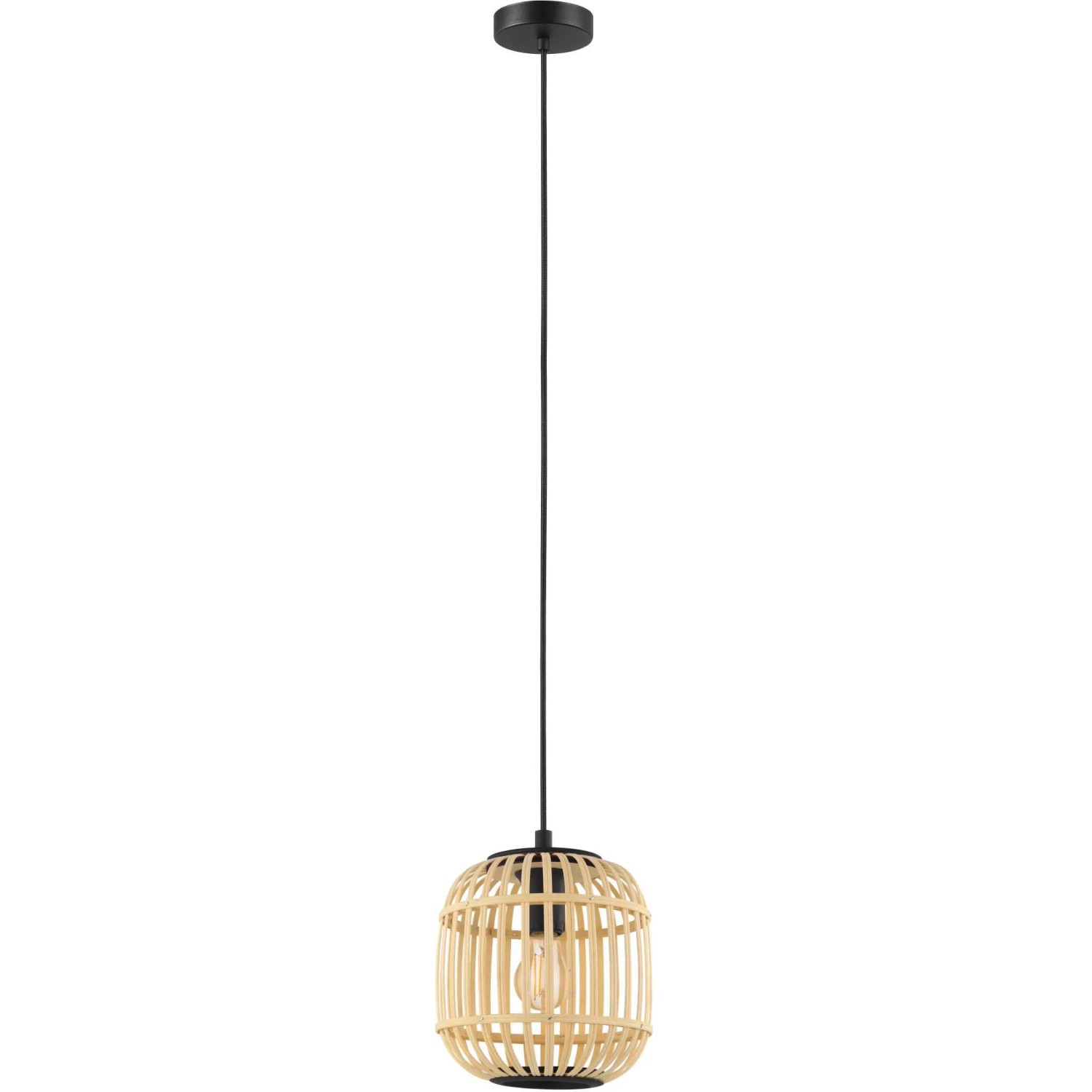 Nowoczesna lampa wisząca Eglo Bordesley z naturalnym bambusowym kloszem i czarnym zawieszeniem.