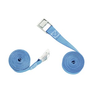 Dwa niebieskie pasy mocujące z klamrą zaciskową, 25 mm x 2,5 m, zwinięte.