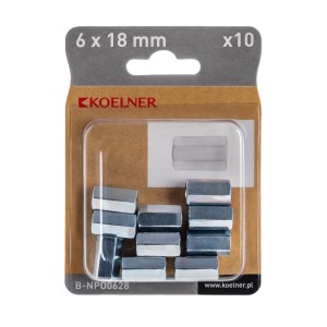 Nakrętki sześciokątne KOELNER, 6x18mm, 10 sztuk. Srebrne nakrętki tulejowe w blistrze.