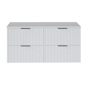 Zestaw mebli łazienkowych t.b.t. z czterema szufladami i żebrowanym frontem.