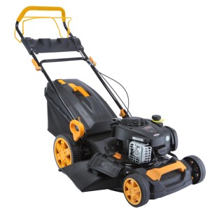Czarna kosiarka do trawy z żółtymi akcentami. Kategoria: Kosiarki spalinowe.