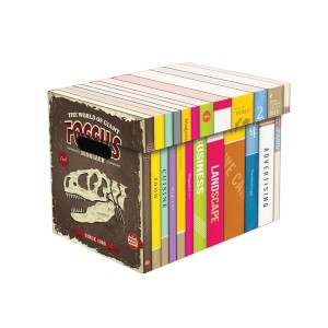 Dekoracyjne pudełko kartonowe t.b.t. z motywem dinozaurów i książek do przechowywania.