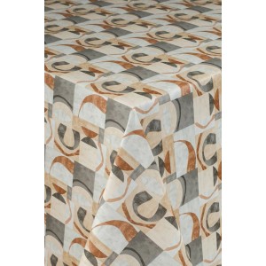 Obrus ze wzorem abstrakcyjnym w kolorach beżowym, brązowym i szarym.