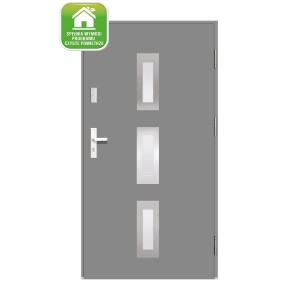 Szare drzwi zewnętrzne z trzema prostokątnymi wstawkami szklanymi i srebrną klamką.