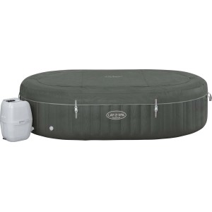 Szary nadmuchiwany jacuzzi z pokrywą i pompą.