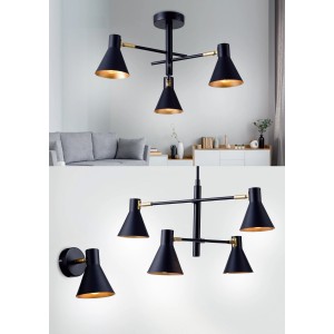Czarna lampa sufitowa Kinkiety ze złotymi akcentami.