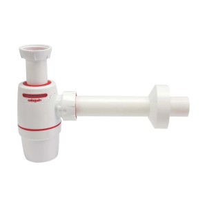 Biały syfon umywalkowy z tworzywa sztucznego z czerwonymi akcentami.