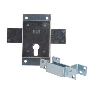 Metalowy zamek wpuszczany z otworem na klucz i wspornikiem montażowym do zamków drzwiowych.