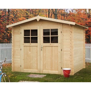 Drewniany domek ogrodowy z podwójnymi drzwiami i oknami. Idealny jako domek narzędziowy.